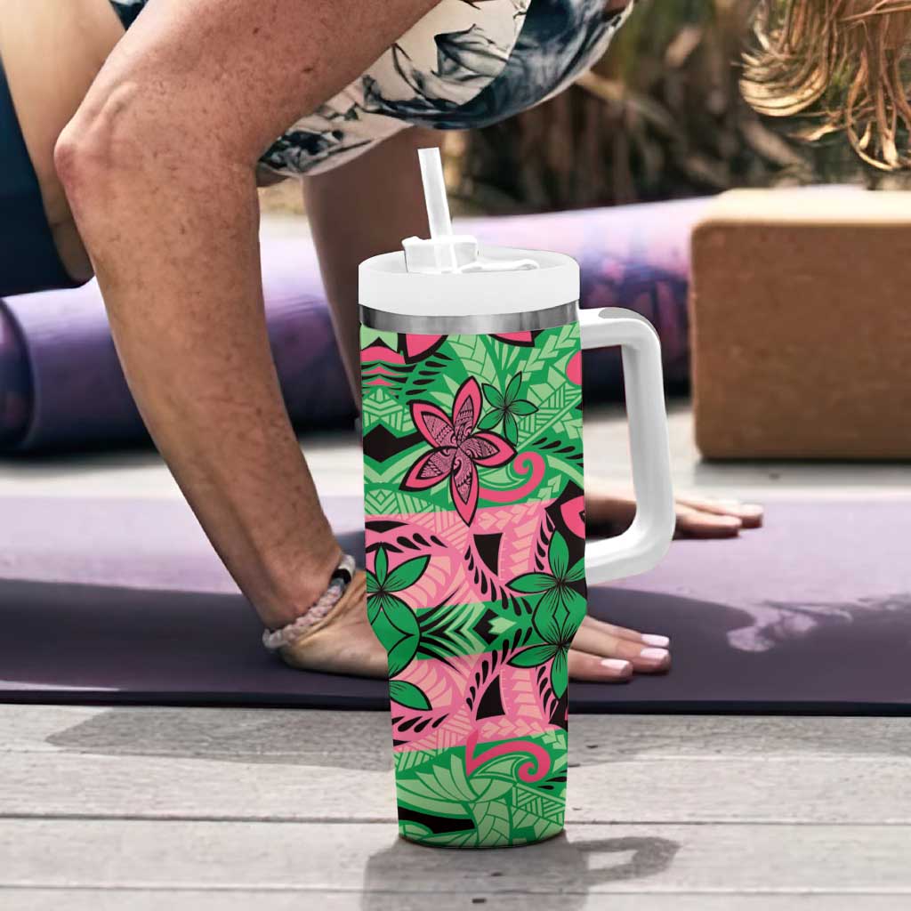 Plumeria Polynesian Pattern Tumbler With Handle Unique Fantasy Green Pink