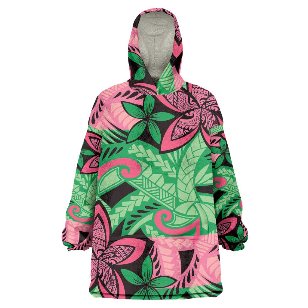 Plumeria Polynesian Pattern Wearable Blanket Hoodie Unique Fantasy Green Pink LT01 One Size Green - Polynesian Pride