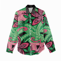 Plumeria Polynesian Pattern Women Casual Shirt Unique Fantasy Green Pink