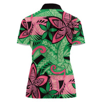 Plumeria Polynesian Pattern Women Polo Shirt Unique Fantasy Green Pink