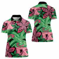 Plumeria Polynesian Pattern Women Polo Shirt Unique Fantasy Green Pink