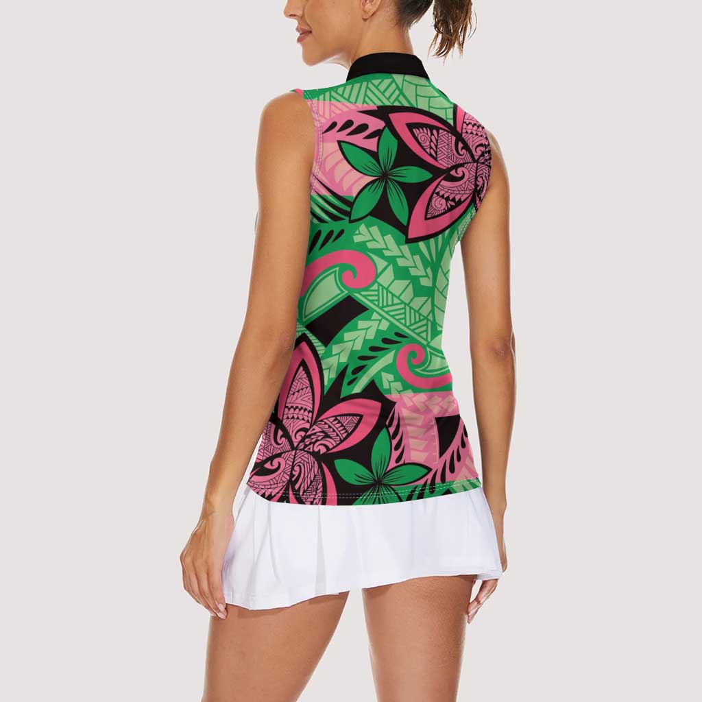 Plumeria Polynesian Pattern Women Sleeveless Polo Shirt Unique Fantasy Green Pink