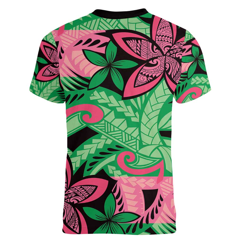 Plumeria Polynesian Pattern Women V-Neck T-Shirt Unique Fantasy Green Pink