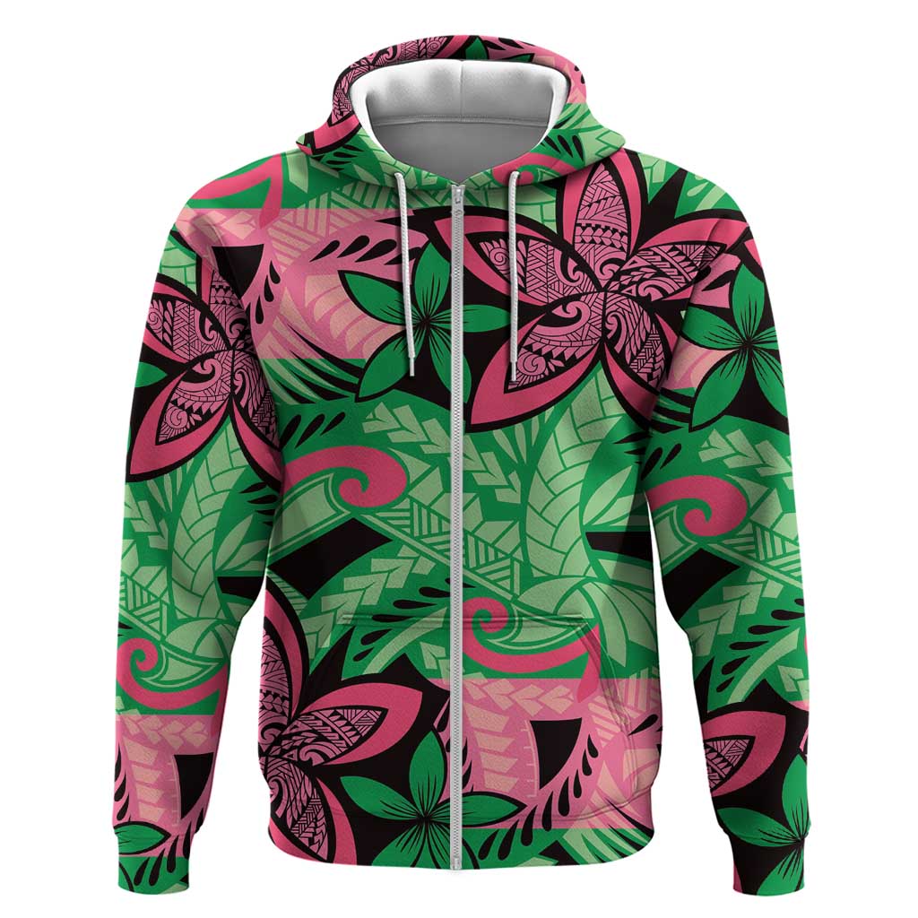 Plumeria Polynesian Pattern Zip Hoodie Unique Fantasy Green Pink LT01 Zip Hoodie Green - Polynesian Pride