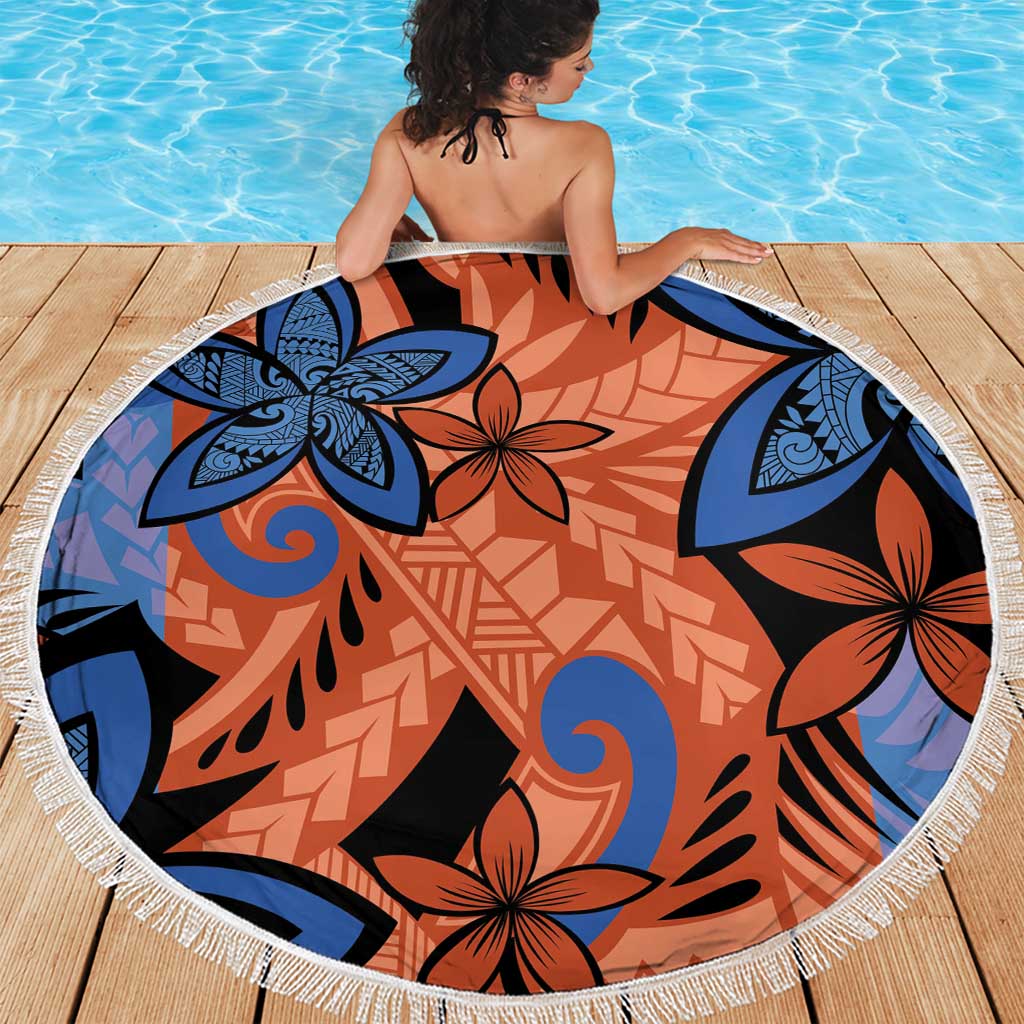 Plumeria Polynesian Pattern Beach Blanket Unique Fantasy Orange Blue