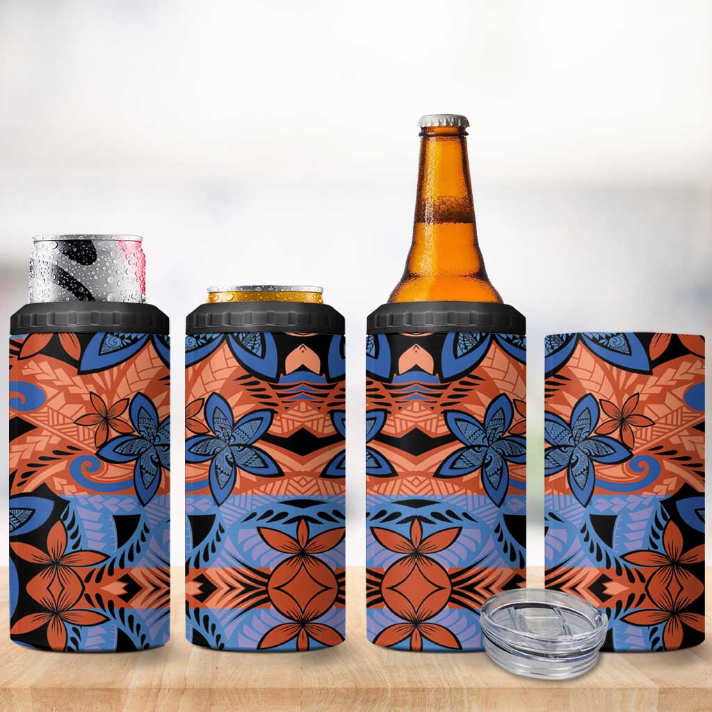 Plumeria Polynesian Pattern 4 in 1 Can Cooler Tumbler Unique Fantasy Orange Blue LT01 - Polynesian Pride