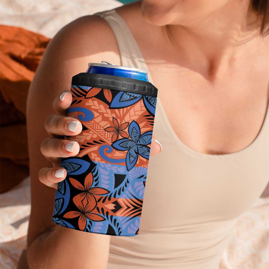 Plumeria Polynesian Pattern 4 in 1 Can Cooler Tumbler Unique Fantasy Orange Blue LT01 - Polynesian Pride