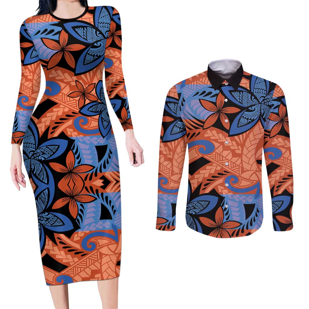 Plumeria Polynesian Pattern Couples Matching Long Sleeve Bodycon Dress and Long Sleeve Button Shirt Unique Fantasy Orange Blue LT01 Orange - Polynesian Pride