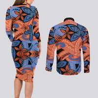 Plumeria Polynesian Pattern Couples Matching Long Sleeve Bodycon Dress and Long Sleeve Button Shirt Unique Fantasy Orange Blue LT01 - Polynesian Pride
