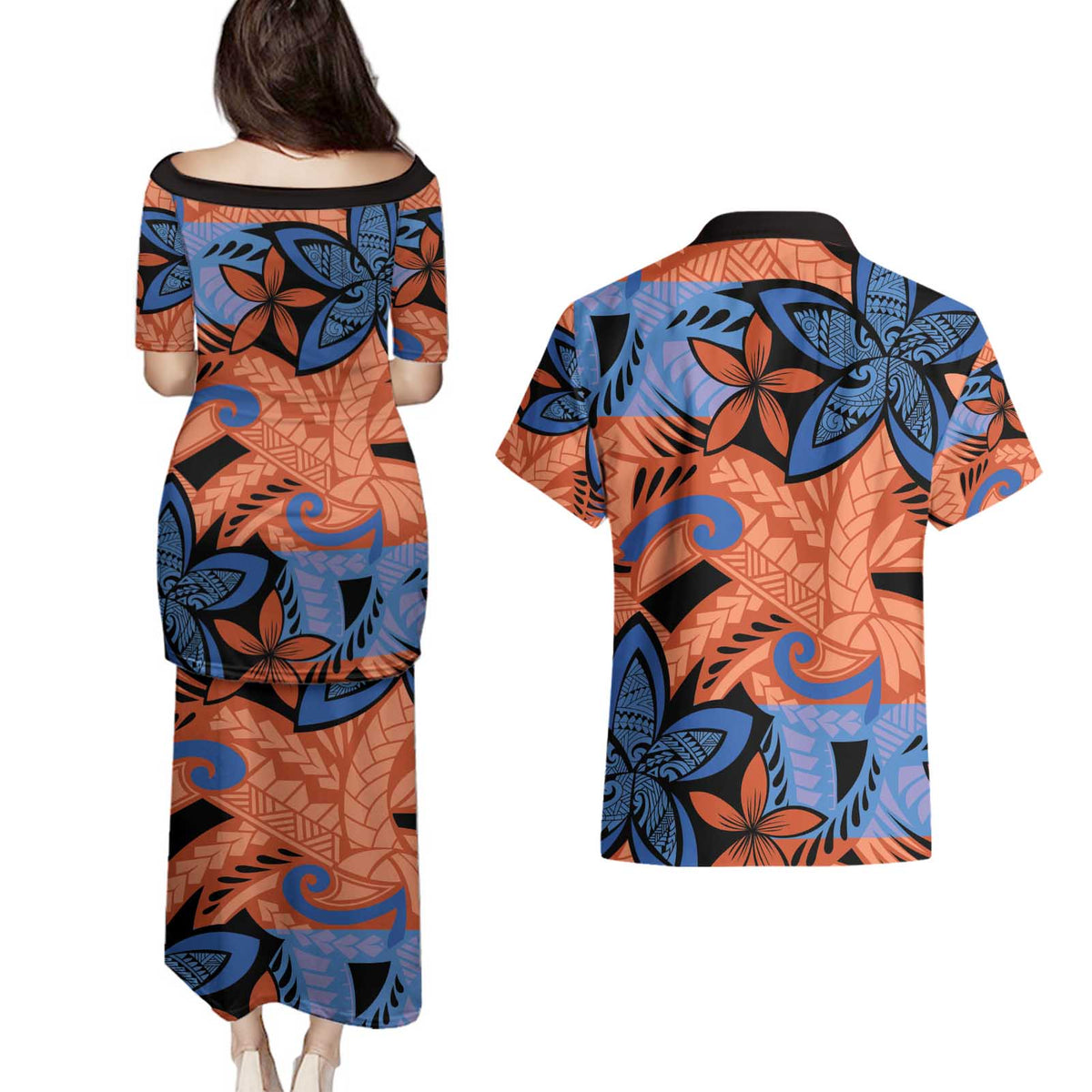 Plumeria Polynesian Pattern Couples Matching Puletasi and Hawaiian Shirt Unique Fantasy Orange Blue
