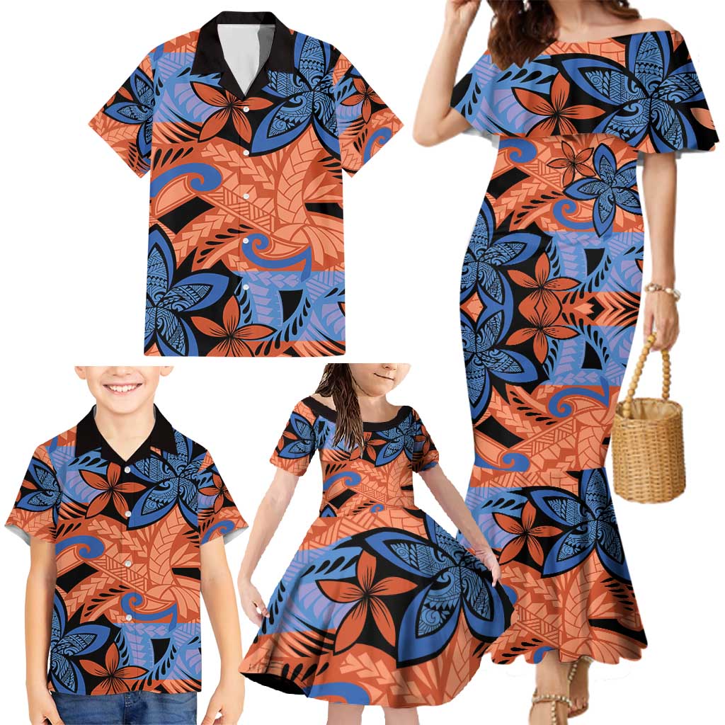 Plumeria Polynesian Pattern Family Matching Mermaid Dress and Hawaiian Shirt Unique Fantasy Orange Blue
