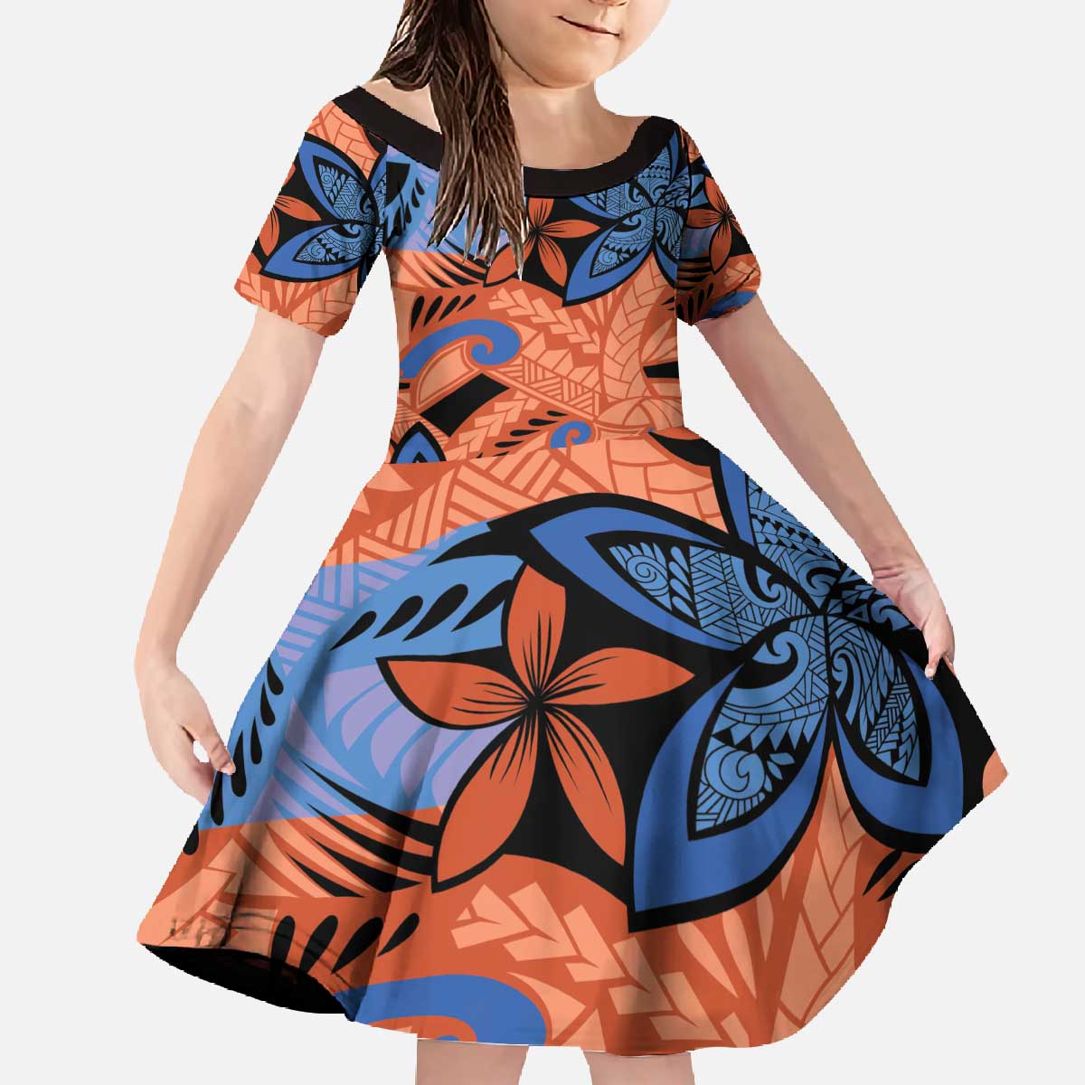 Plumeria Polynesian Pattern Family Matching Off The Shoulder Long Sleeve Dress and Hawaiian Shirt Unique Fantasy Orange Blue