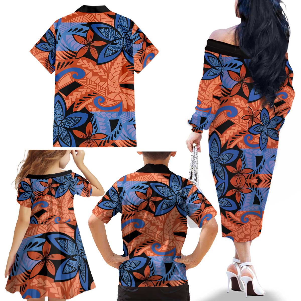 Plumeria Polynesian Pattern Family Matching Off The Shoulder Long Sleeve Dress and Hawaiian Shirt Unique Fantasy Orange Blue