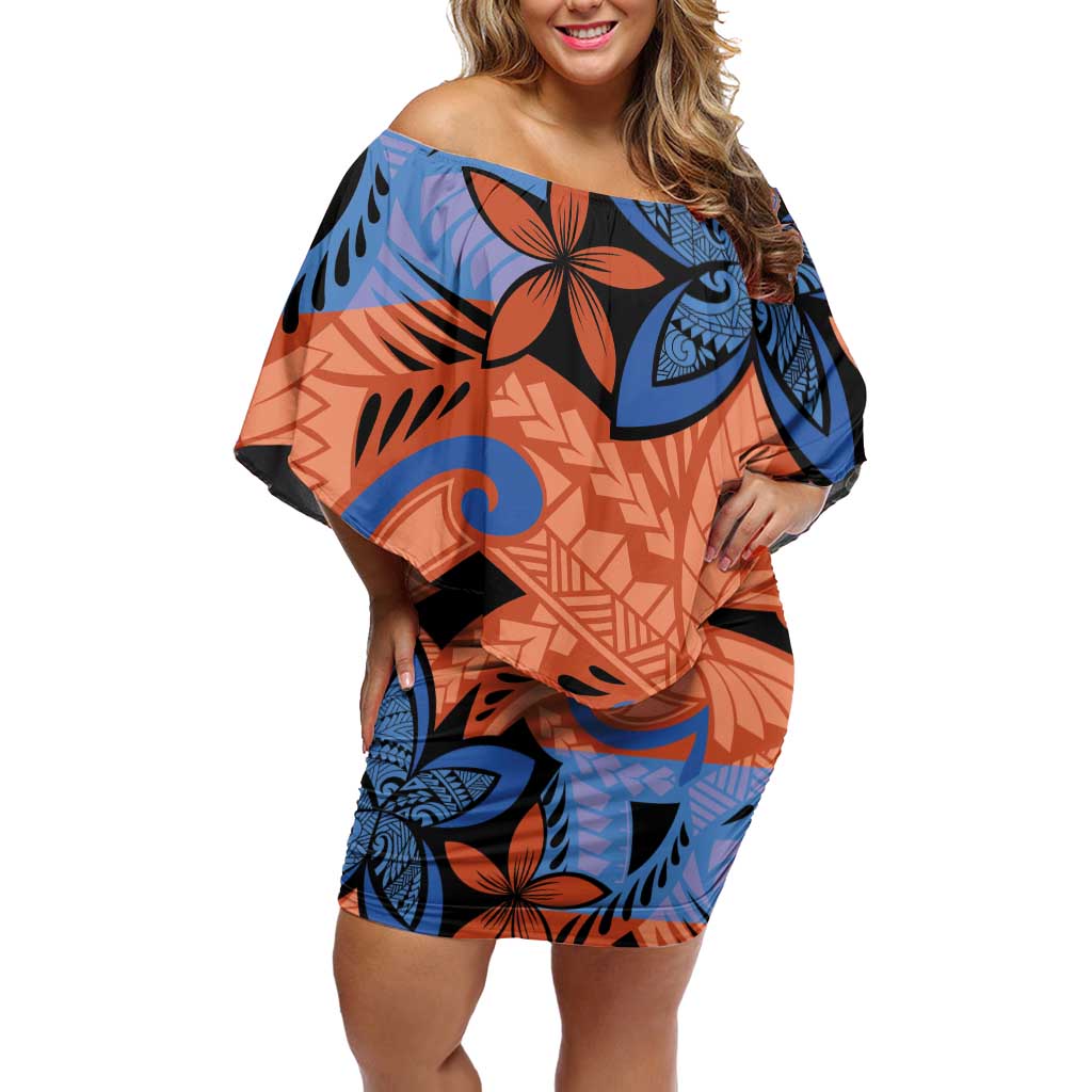 Plumeria Polynesian Pattern Family Matching Off Shoulder Short Dress and Hawaiian Shirt Unique Fantasy Orange Blue