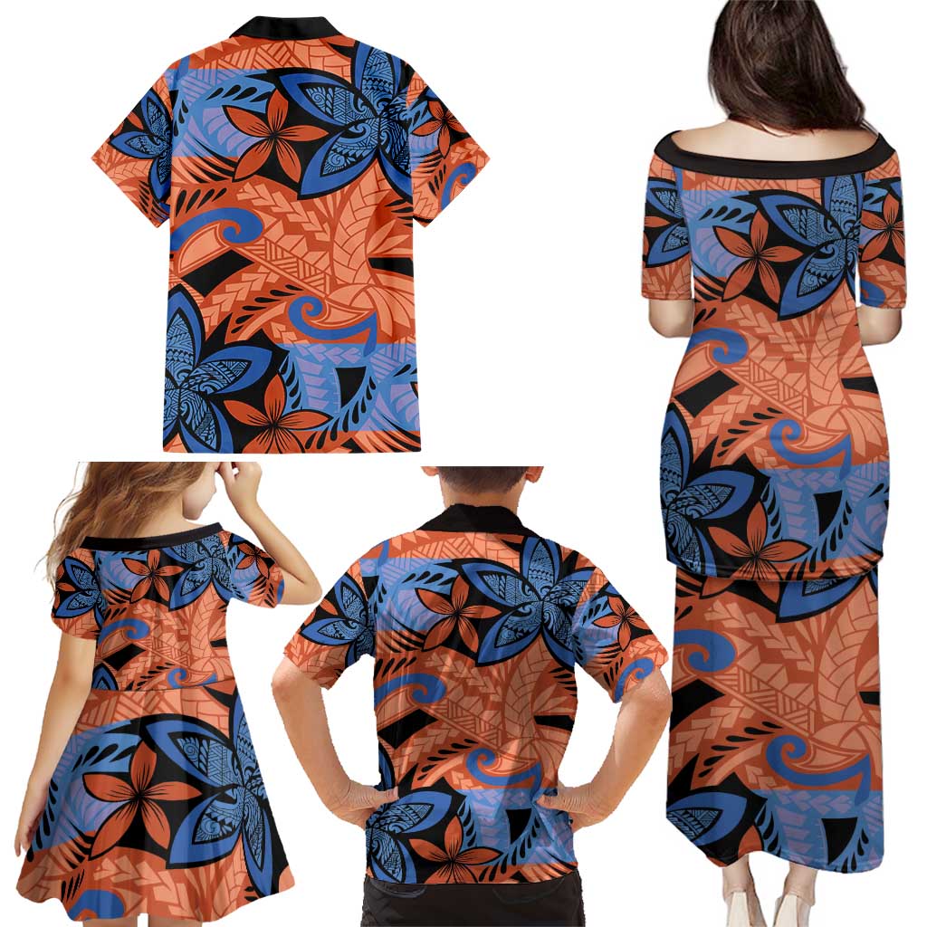 Plumeria Polynesian Pattern Family Matching Puletasi and Hawaiian Shirt Unique Fantasy Orange Blue