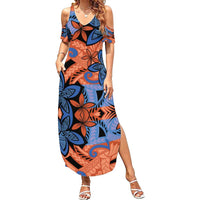 Plumeria Polynesian Pattern Family Matching Summer Maxi Dress and Hawaiian Shirt Unique Fantasy Orange Blue
