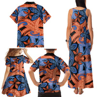 Plumeria Polynesian Pattern Family Matching Tank Maxi Dress and Hawaiian Shirt Unique Fantasy Orange Blue