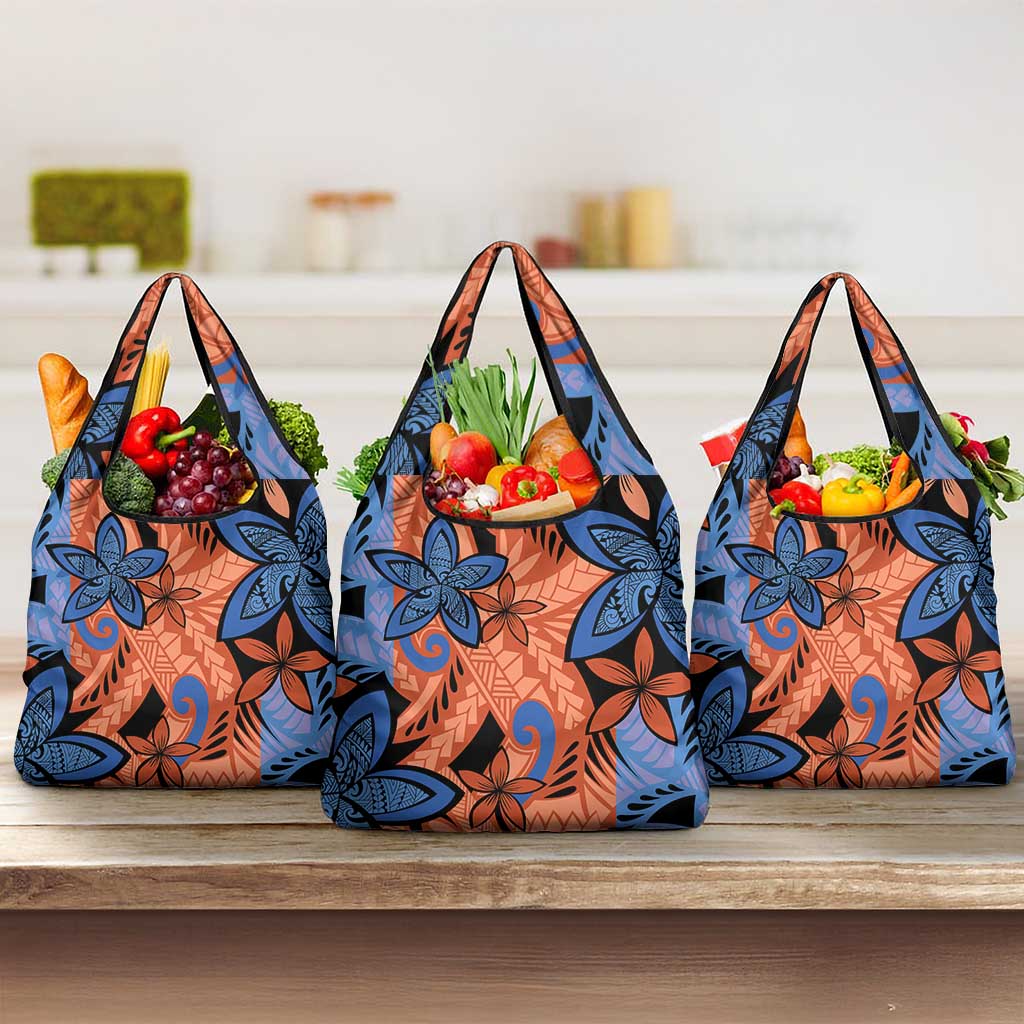 Plumeria Polynesian Pattern Grocery Bag Unique Fantasy Orange Blue
