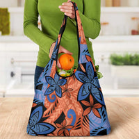 Plumeria Polynesian Pattern Grocery Bag Unique Fantasy Orange Blue