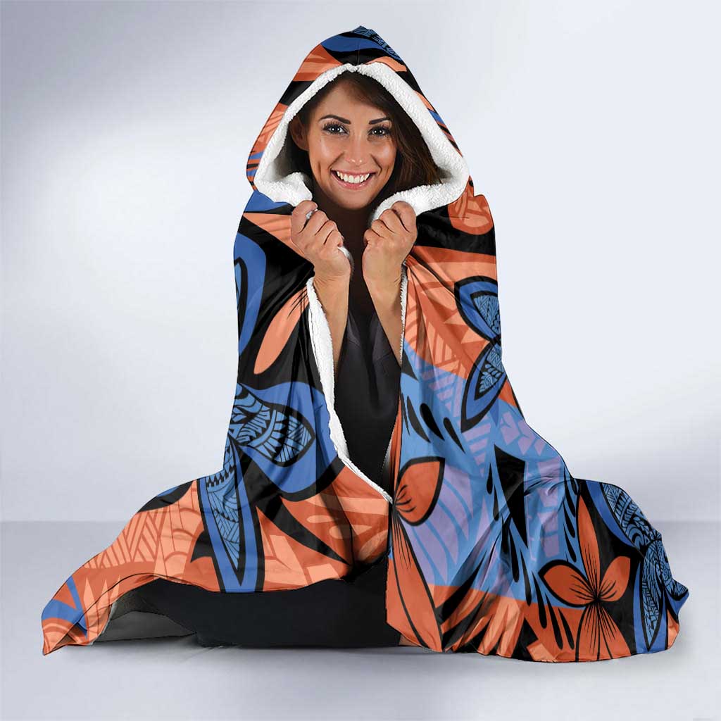 Plumeria Polynesian Pattern Hooded Blanket Unique Fantasy Orange Blue