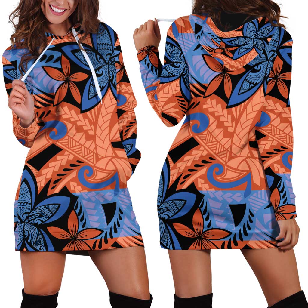 Plumeria Polynesian Pattern Hoodie Dress Unique Fantasy Orange Blue