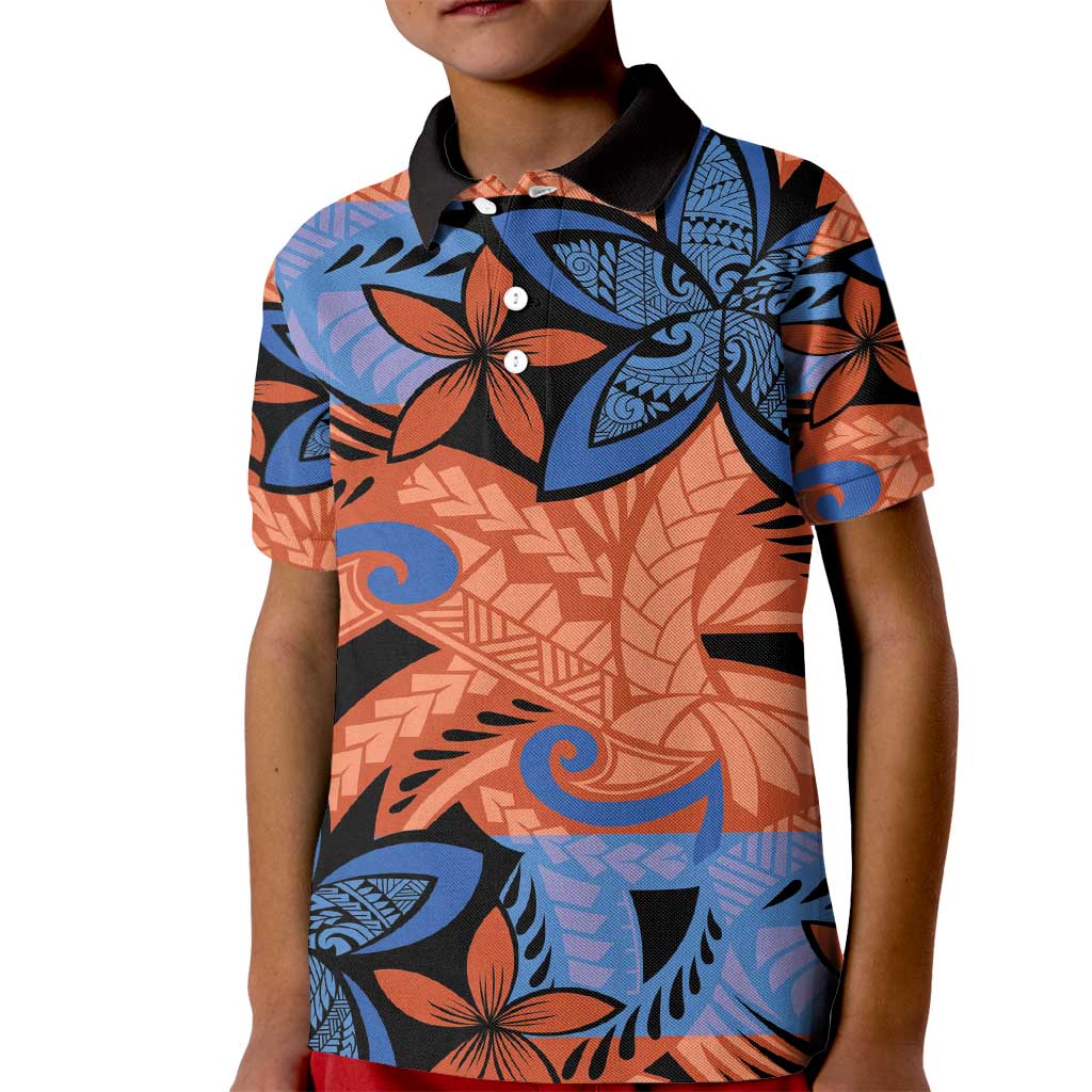 Plumeria Polynesian Pattern Kid Polo Shirt Unique Fantasy Orange Blue LT01 Kid Orange - Polynesian Pride