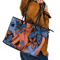 Plumeria Polynesian Pattern Leather Tote Bag Unique Fantasy Orange Blue