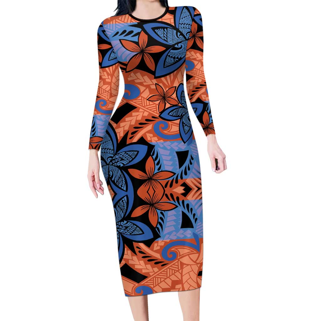 Plumeria Polynesian Pattern Long Sleeve Bodycon Dress Unique Fantasy Orange Blue