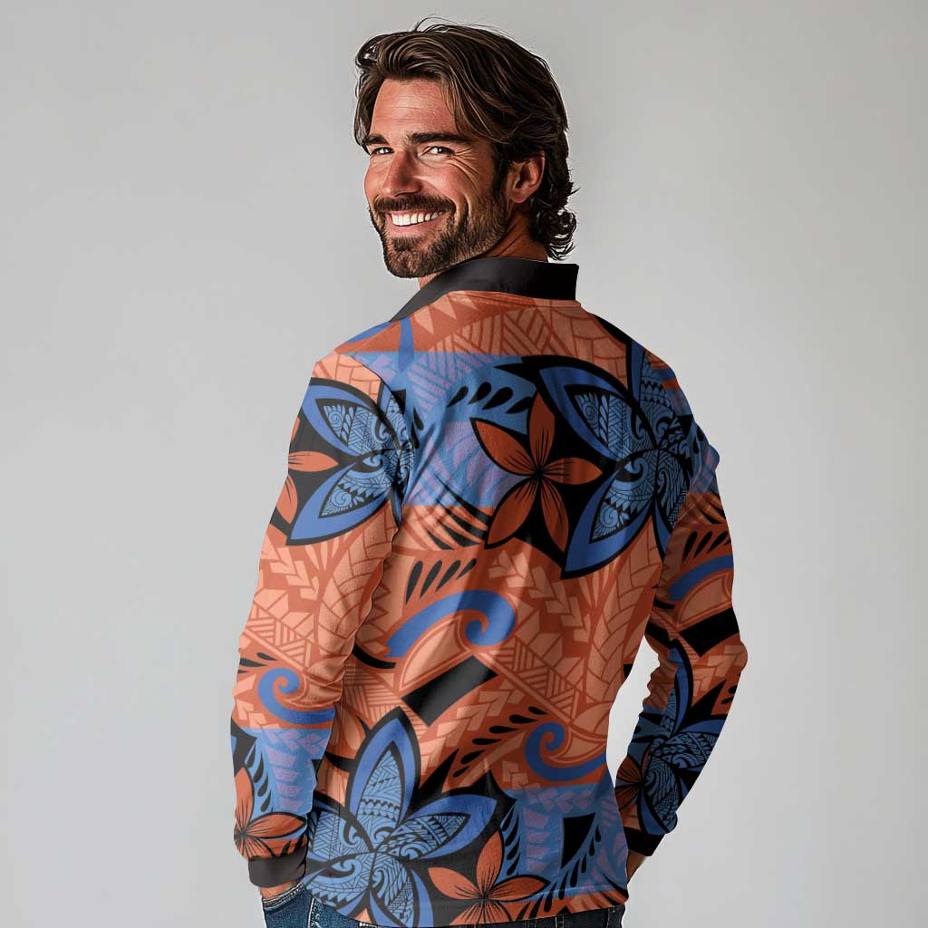 Plumeria Polynesian Pattern Long Sleeve Polo Shirt Unique Fantasy Orange Blue