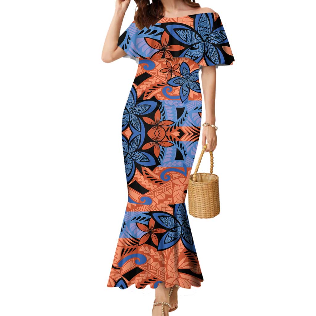 Plumeria Polynesian Pattern Mermaid Dress Unique Fantasy Orange Blue