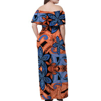 Plumeria Polynesian Pattern Off Shoulder Maxi Dress Unique Fantasy Orange Blue