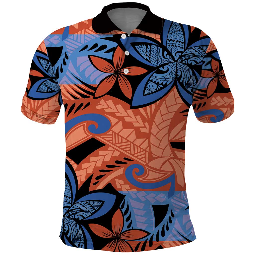 Plumeria Polynesian Pattern Polo Shirt Unique Fantasy Orange Blue