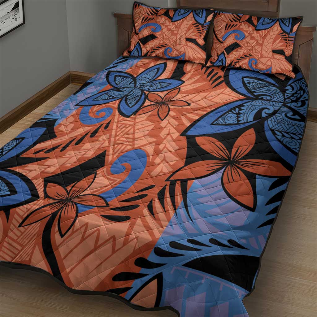 Plumeria Polynesian Pattern Quilt Bed Set Unique Fantasy Orange Blue