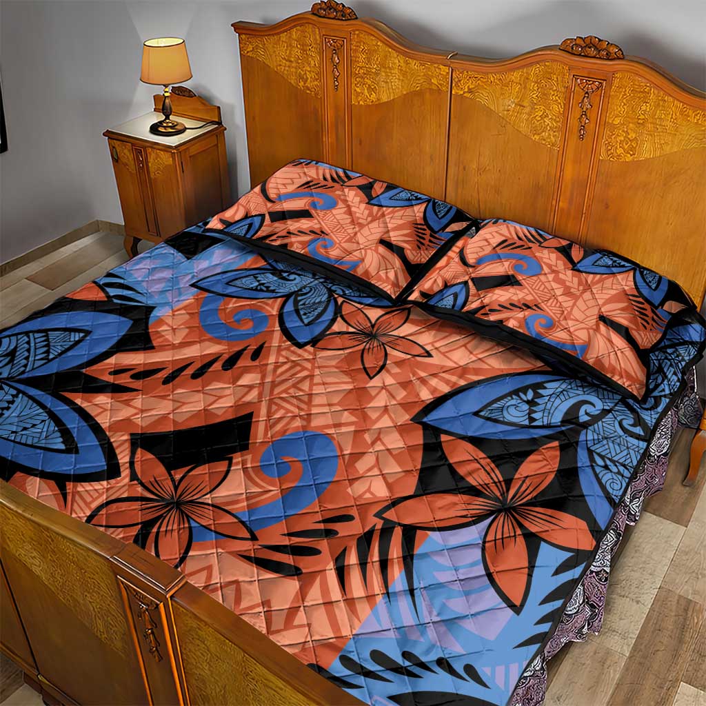Plumeria Polynesian Pattern Quilt Bed Set Unique Fantasy Orange Blue