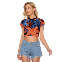 Plumeria Polynesian Pattern Raglan Cropped T Shirt Unique Fantasy Orange Blue