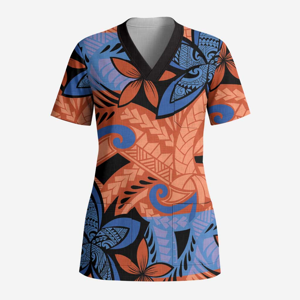 Plumeria Polynesian Pattern Scrub Top Unique Fantasy Orange Blue LT01 Adult Orange - Polynesian Pride
