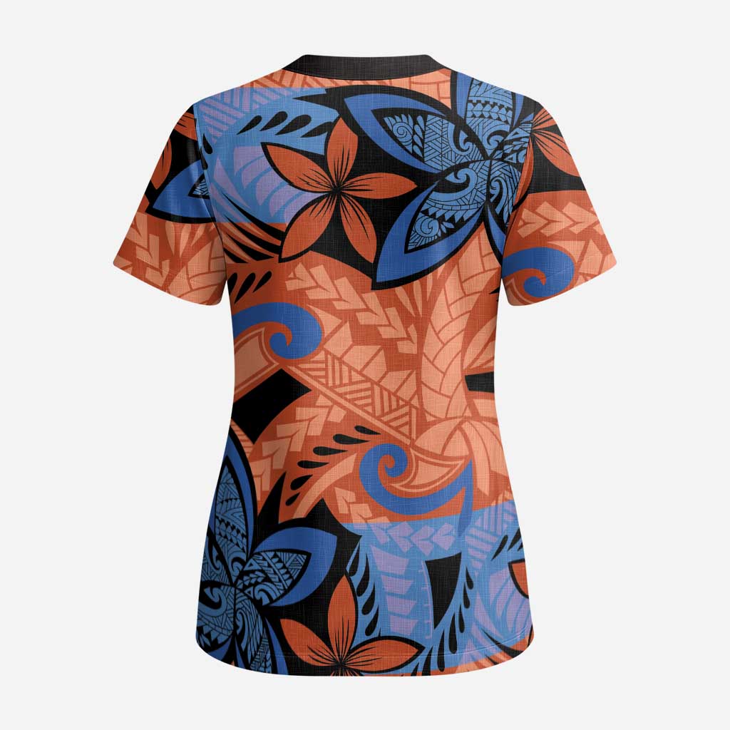 Plumeria Polynesian Pattern Scrub Top Unique Fantasy Orange Blue - Polynesian Pride