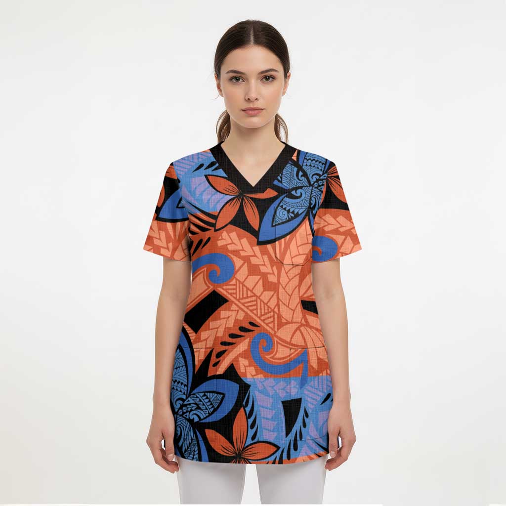 Plumeria Polynesian Pattern Scrub Top Unique Fantasy Orange Blue - Polynesian Pride