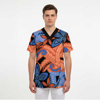 Plumeria Polynesian Pattern Scrub Top Unique Fantasy Orange Blue - Polynesian Pride