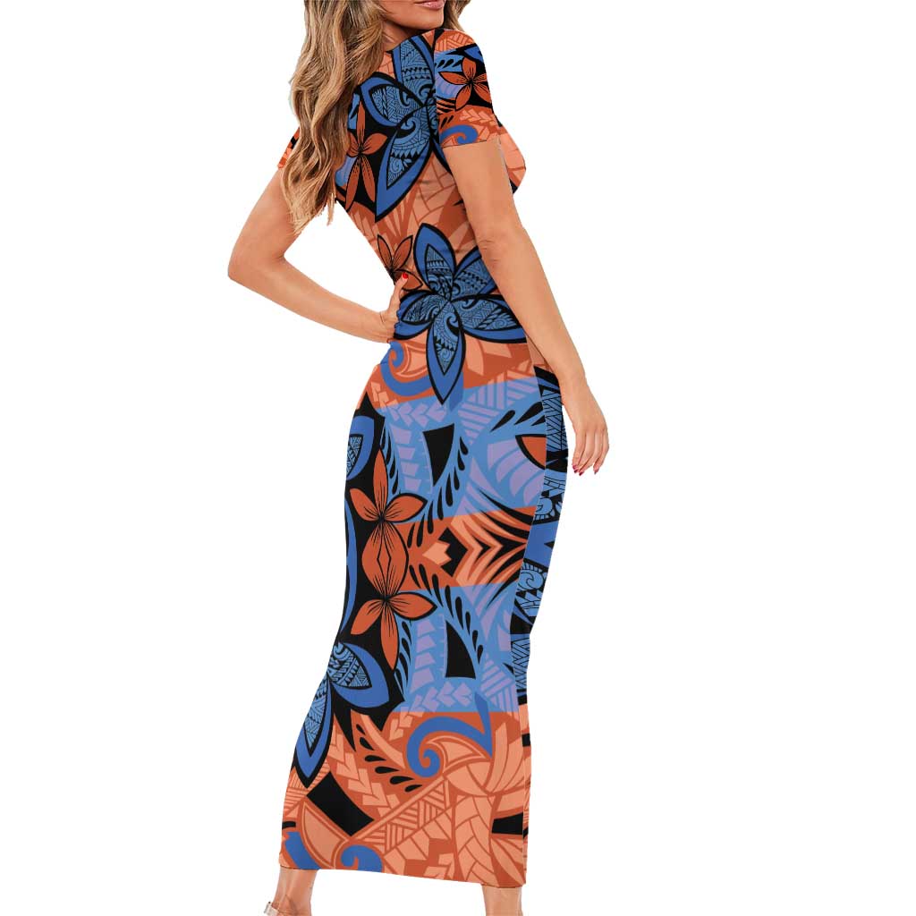 Plumeria Polynesian Pattern Short Sleeve Bodycon Dress Unique Fantasy Orange Blue