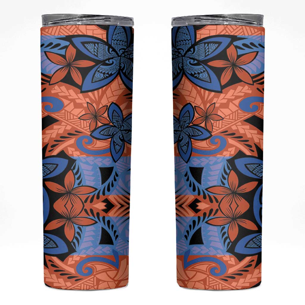 Plumeria Polynesian Pattern Skinny Tumbler Unique Fantasy Orange Blue
