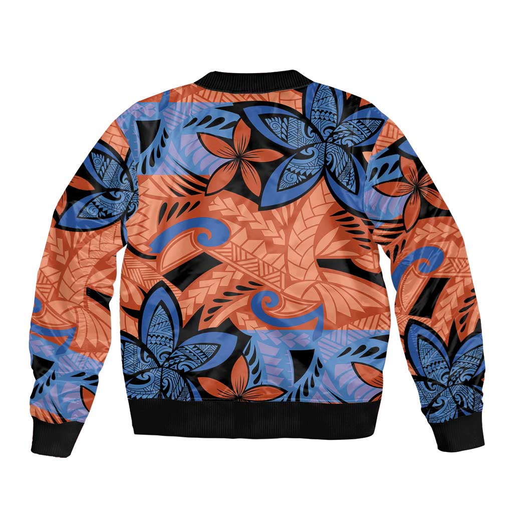 Plumeria Polynesian Pattern Sleeve Zip Bomber Jacket Unique Fantasy Orange Blue LT01 - Polynesian Pride