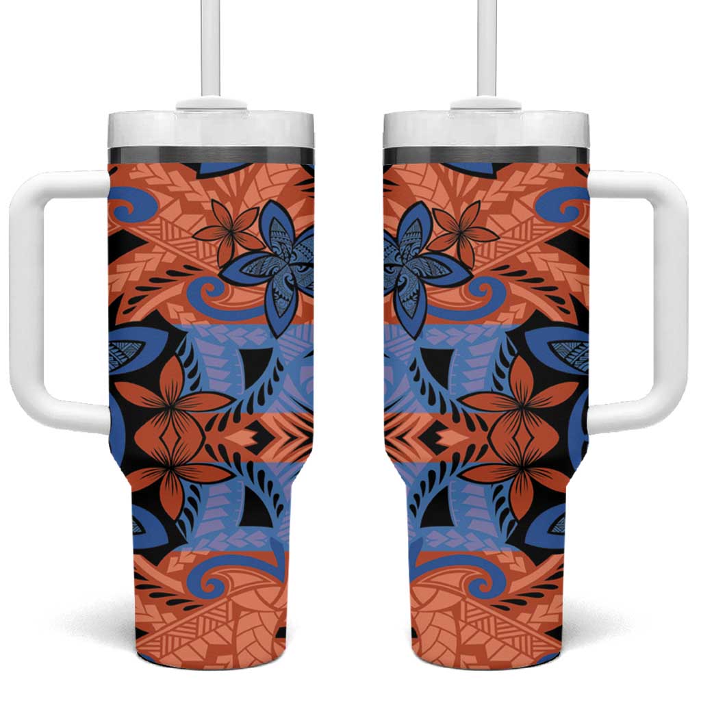 Plumeria Polynesian Pattern Tumbler With Handle Unique Fantasy Orange Blue
