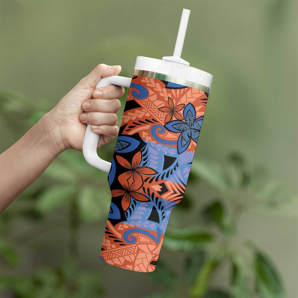 Plumeria Polynesian Pattern Tumbler With Handle Unique Fantasy Orange Blue