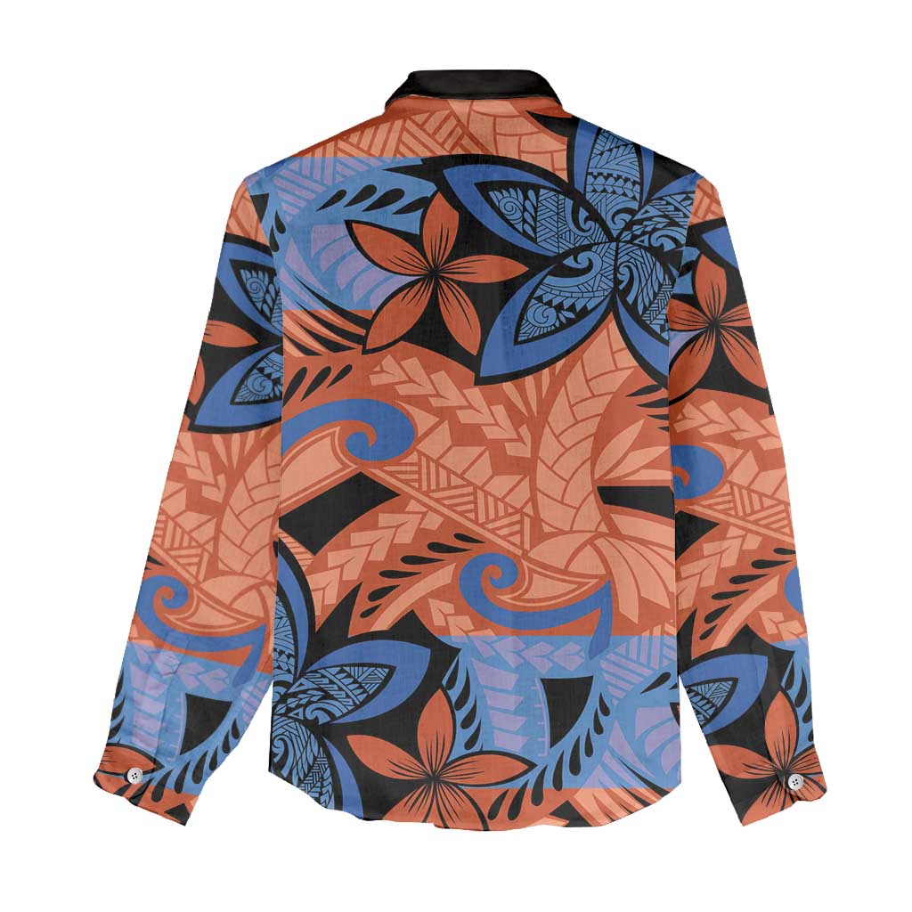 Plumeria Polynesian Pattern Women Casual Shirt Unique Fantasy Orange Blue