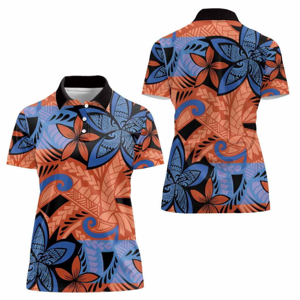Plumeria Polynesian Pattern Women Polo Shirt Unique Fantasy Orange Blue
