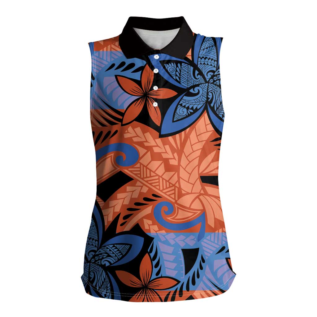 Plumeria Polynesian Pattern Women Sleeveless Polo Shirt Unique Fantasy Orange Blue
