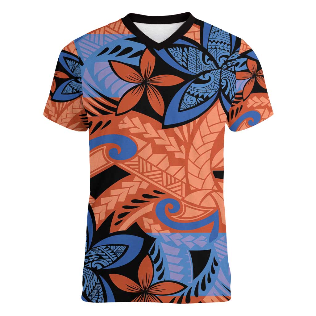 Plumeria Polynesian Pattern Women V-Neck T-Shirt Unique Fantasy Orange Blue LT01 Female Orange - Polynesian Pride