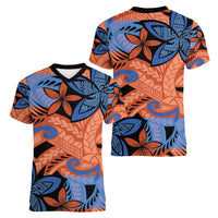Plumeria Polynesian Pattern Women V-Neck T-Shirt Unique Fantasy Orange Blue