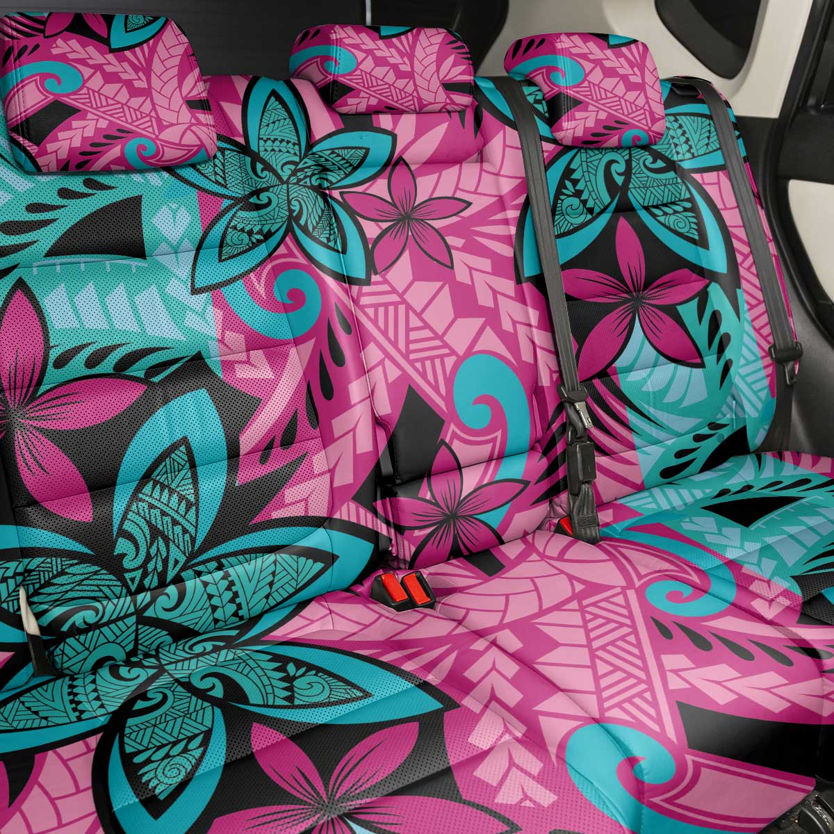 Plumeria Polynesian Pattern Back Car Seat Cover Unique Fantasy Pink Teal
